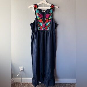 eShakti navy blue floral embroidered 100% cotton maxi dress Women’s sz 14